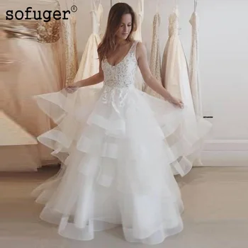 

Organza A Line Sexy V Neck Dress Lace Backless Tiered Vestidos De Noivas Custom Wedding Bridal Dress