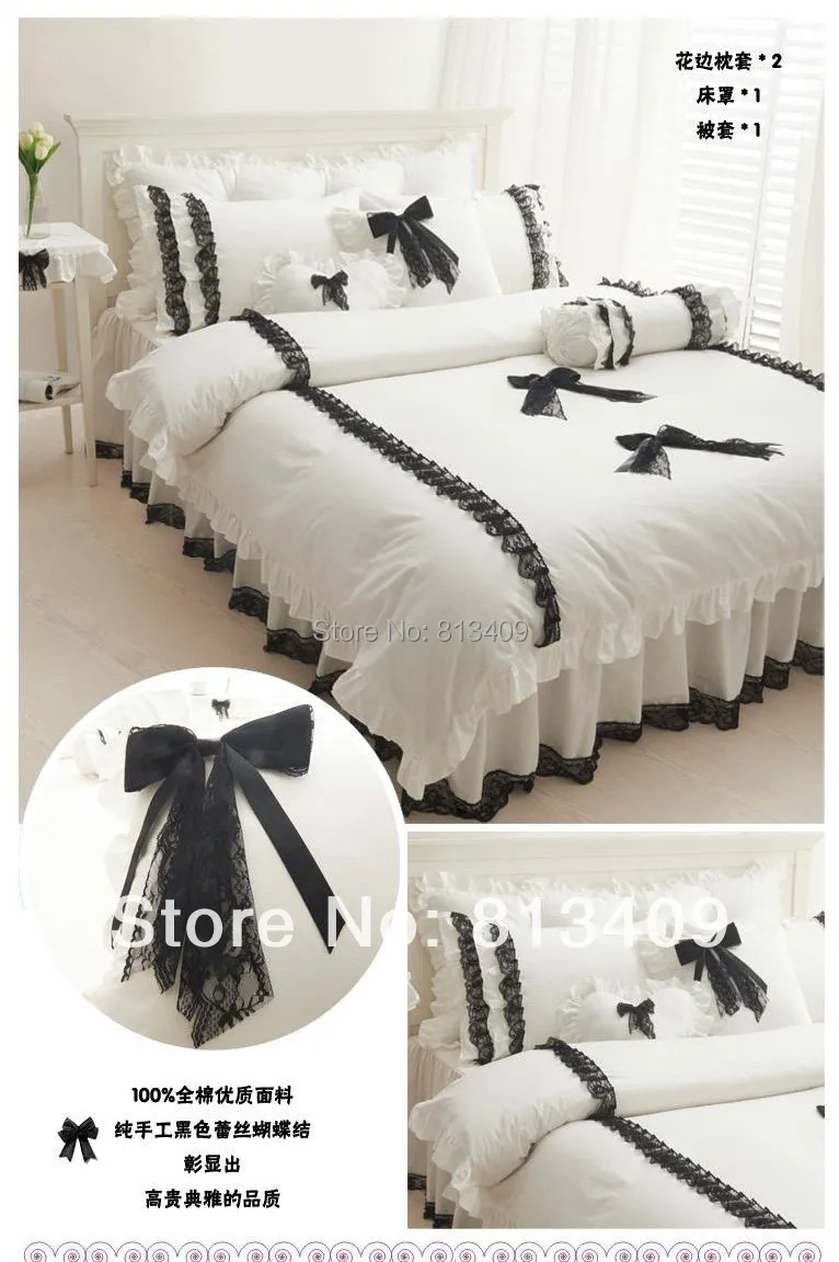 Princess Bedding Set Black Lace Ruffle bedspread 4pc white duvet