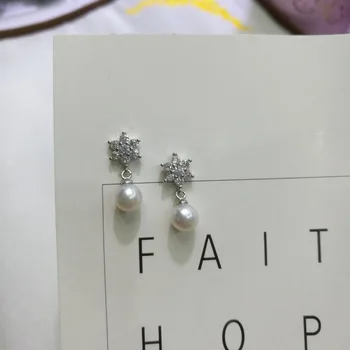 

HRina Real Nautral Round White Freshwater Pearl Drop Earrings S925 Sterling Silver Snowflake Earrings Jewerly For Women Jewelry