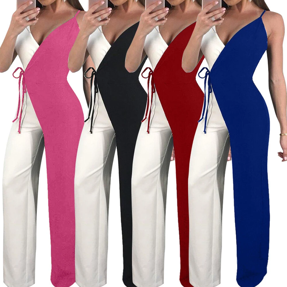 Yuyou Women Wide Leg Long Pants Jumpsuits Sleeveless Patchwork With Belted Jumpsuit Romper Woman Casual Overalls