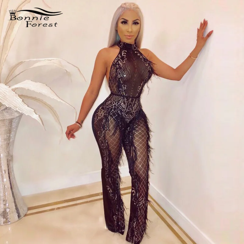 

Bonnie Forest Sexy Backless Fitted Sequins Rompers Gorgeous Feather Sequins Trim Jumpsuit Overalls Special Occasion Outfits