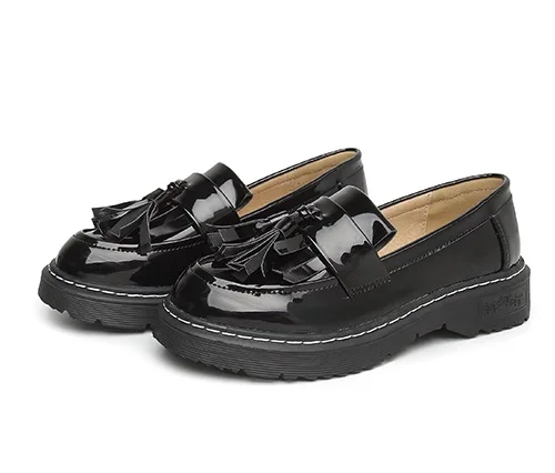 Женская обувь мокасины на толстом каблуке в британском стиле; женские лоферы из лакированной кожи с кисточками; обувь на плоской подошве с круглым носком без застежки; размеры 34-43 - Цвет: Black