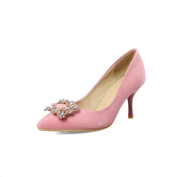 

Spring 2018 suede wedding shoes fashion tip diamond square buckle high heel with 40-45 single shoes 18326