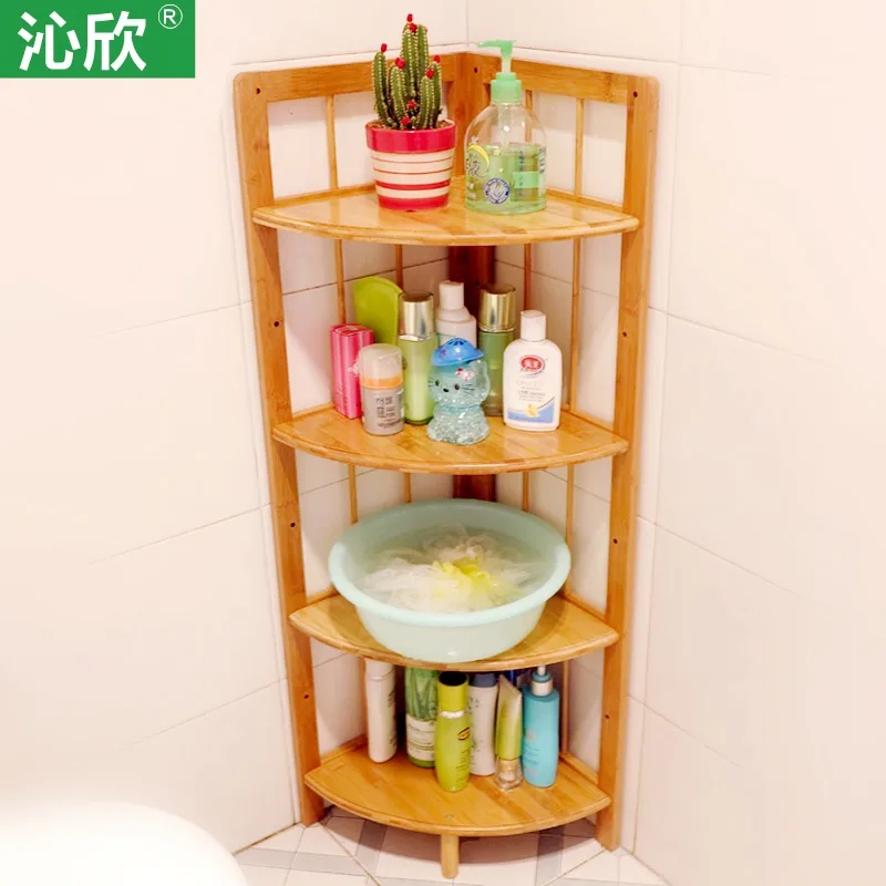 Bamboo bathroom floor corner shelf bathroom shelf washbasin home wood storage compartment shelves Specials