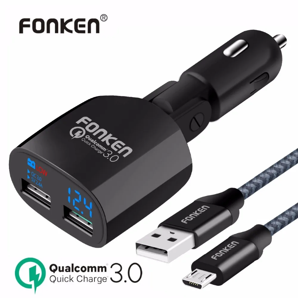 FONKEN 30 واط 9 فولت 2A USB شاحن سيارة 2 ميناء سريعة تهمة 3.0 شاحن سيارة-شاحن سريع QC3.0 LED الجهد عرض مع شحن كابل