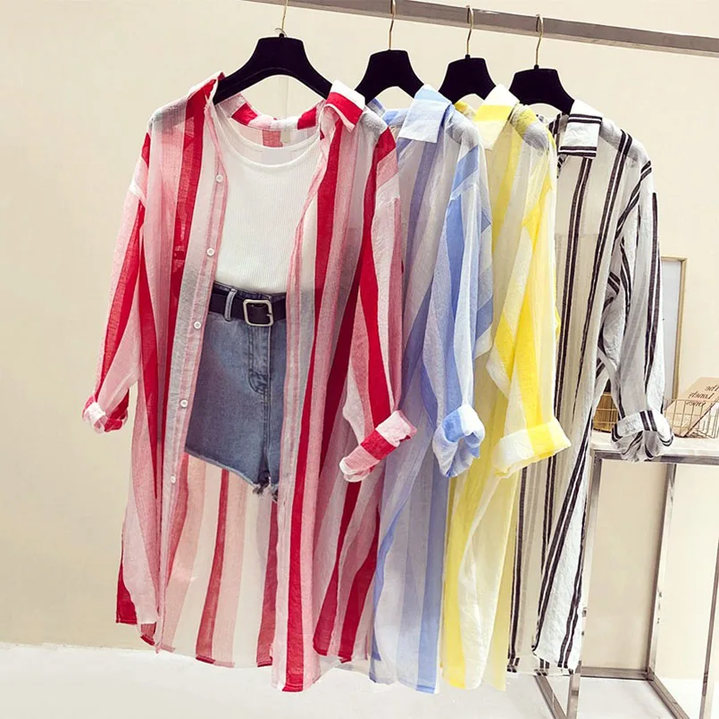 

Women Long Striped Shirts Tops Blouses Fashion Casual Loose blusas mujer de moda Girls Summer Sun Protective Clothes plus size