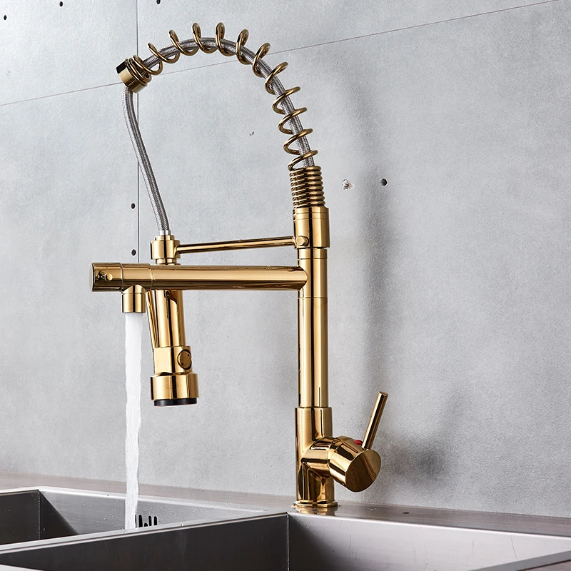Quyanre Golden Chrome Spring Pull Down Kitchen Faucet Dual Spouts 360 Rotation Single Handle Kitchen Mixer Tap 2 Outlet 1Taps