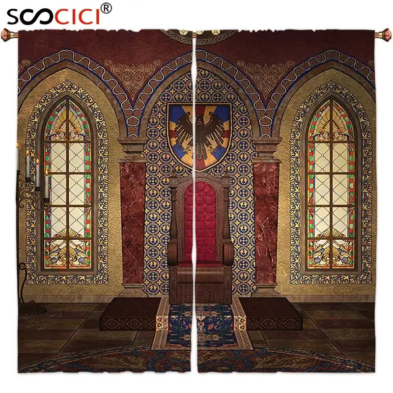 Koop Gordijnen Behandelingen 2 Panelen, Gothic House Decor Rode Middeleeuwse Troon in Kapel Eagle Portret op Muur Oude Fantasy
