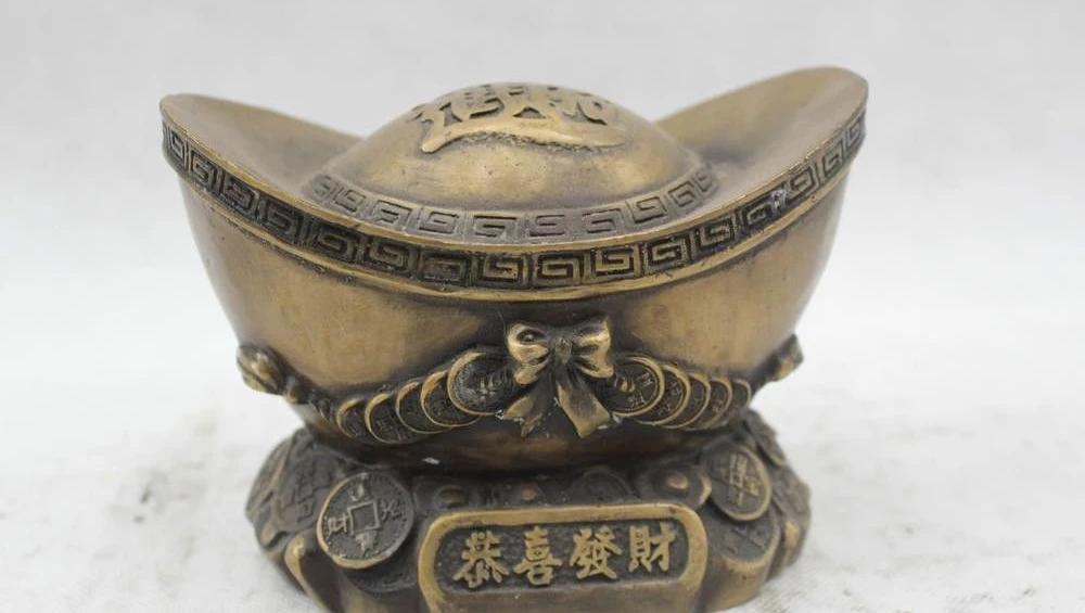 

4"Chinese Folk Pure Bronze Lucky excellent Money drawin Yuan Bao Statue
