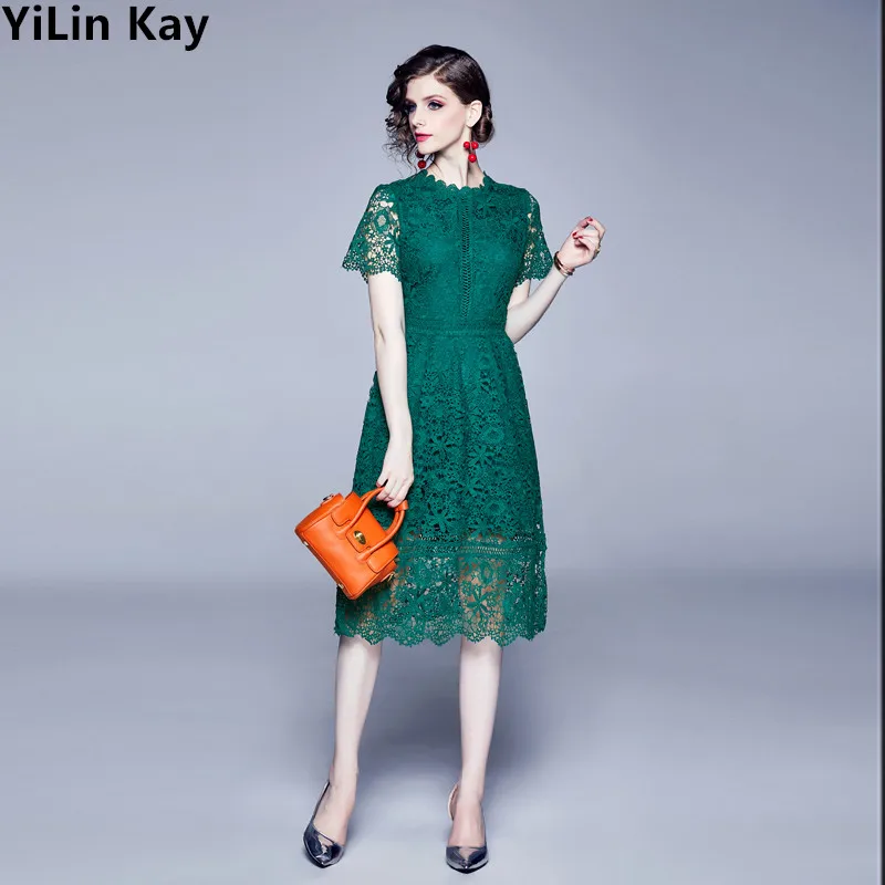 

YiLin Kay Green/Pink lace stitching Hollow out summer dress 2019 fashion Runway Elegant lace Hollow-out crocheted long dress