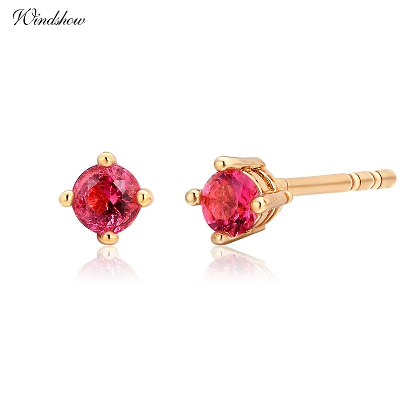 Желтое Золото Цвет Четыре коготь круглый Hot Pink CZ мини-небольшой Серьги-гвоздики
