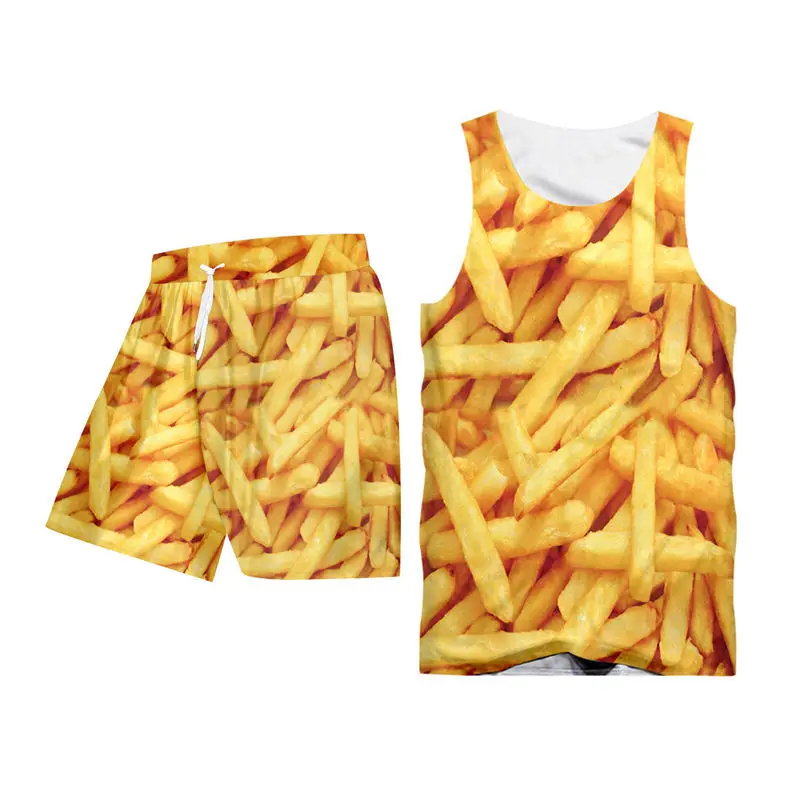 

Novelty 3d French fries Food Print Men Stringer Bodybuilding Gym Tank Tops+Shorts Sets Man Summer 2 Piece Outfits Custom S-6XL