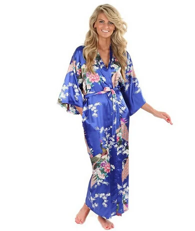 Hot Sale Blue Female Silk Rayon Robes Gown Kimono Yukata Chinese Women Sexy Lingerie Sleepwear Plus