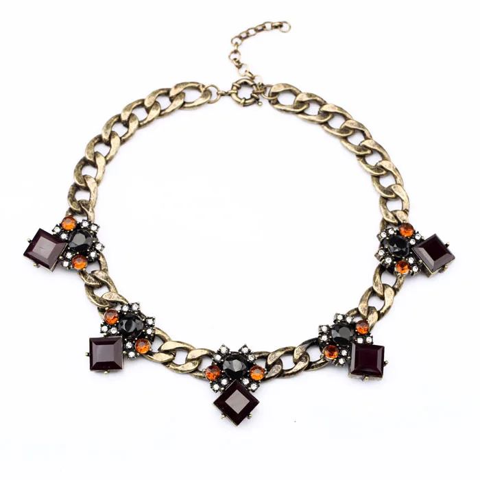 

Dark Red Square Imitation Gemstone Retro Necklace Geometric Antique Gold Color Chain Chunky Necklace for Women