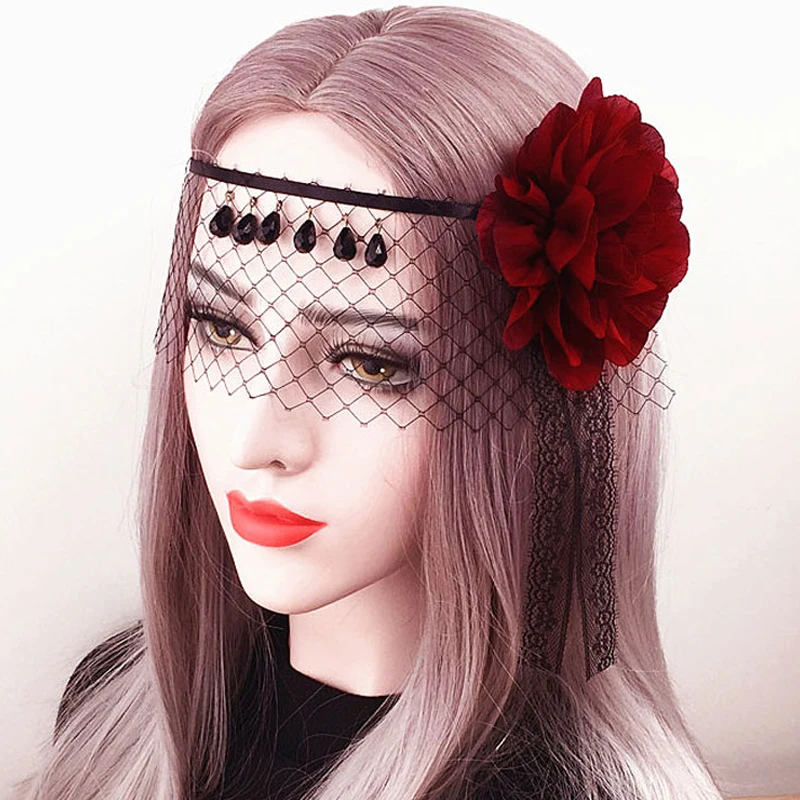 Halloween Black Lace Covered Veil Red Rose Death Headpieces Sexy Ball Half Face Mesh Headband |