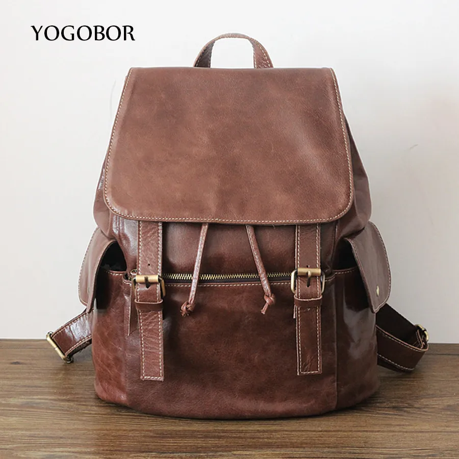 YOGOBOR 2017 100% Genuine Leather Drawstring Satchel Shoulder Backpack Newest Vintage Rucksack Soft Leather Bags Travel School