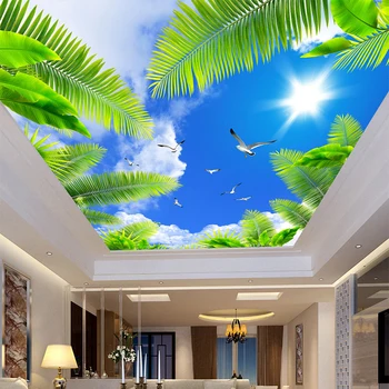 

Custom 3D Ceiling Mural Photo Wallpaper Living Room Theme Hotel Ceiling Wall Decor Blue Sky White Clouds Beach Tree Wall Papers