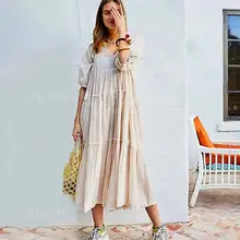 Богемный Вдохновленный женское платье с вышивкой, Хлопковое платье в стиле бохо с v-образным вырезом, Многоуровневое длинное летнее платье, повседневное свободное платье для женщин