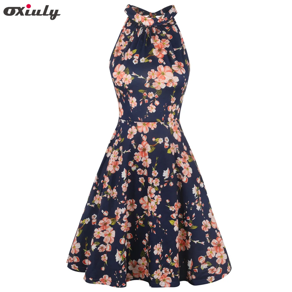 Oxiuly Women's Halter Neck Boho Floral Print Casual Sleeveless Bodycon Hollow out Back A-Line Wrap Dress