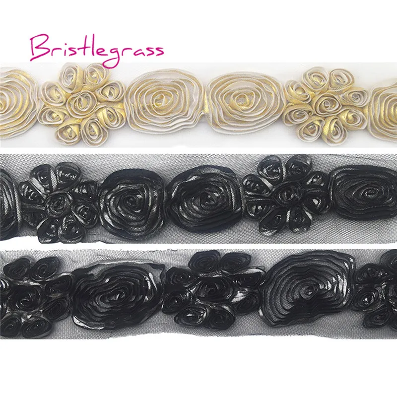 

BRISTLEGRASS 1 Yard Gold Silver Metallic Rose Flowers Tulle Mesh Lace Trim Kids Headband Bridal Wedding Dress Costume DIY Sewing