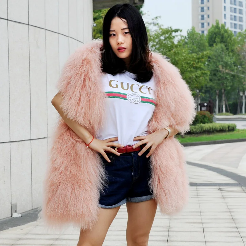 

CX-B-16 New Women Fashion Pink Color Women Real Mongolian Lamb Fur Shawl Scarf