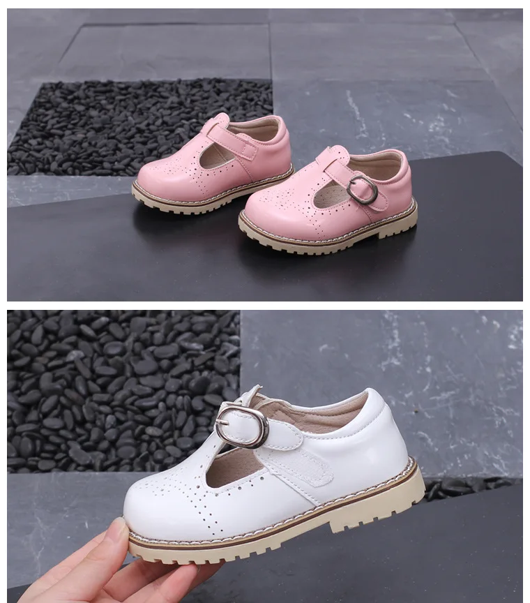 Childrens Soft-soled Leather Shoes Hollow T-shape Girls Shoes Sweet Princess Shoes Mary Jane Single Shoes Hook Loop Kids Flats