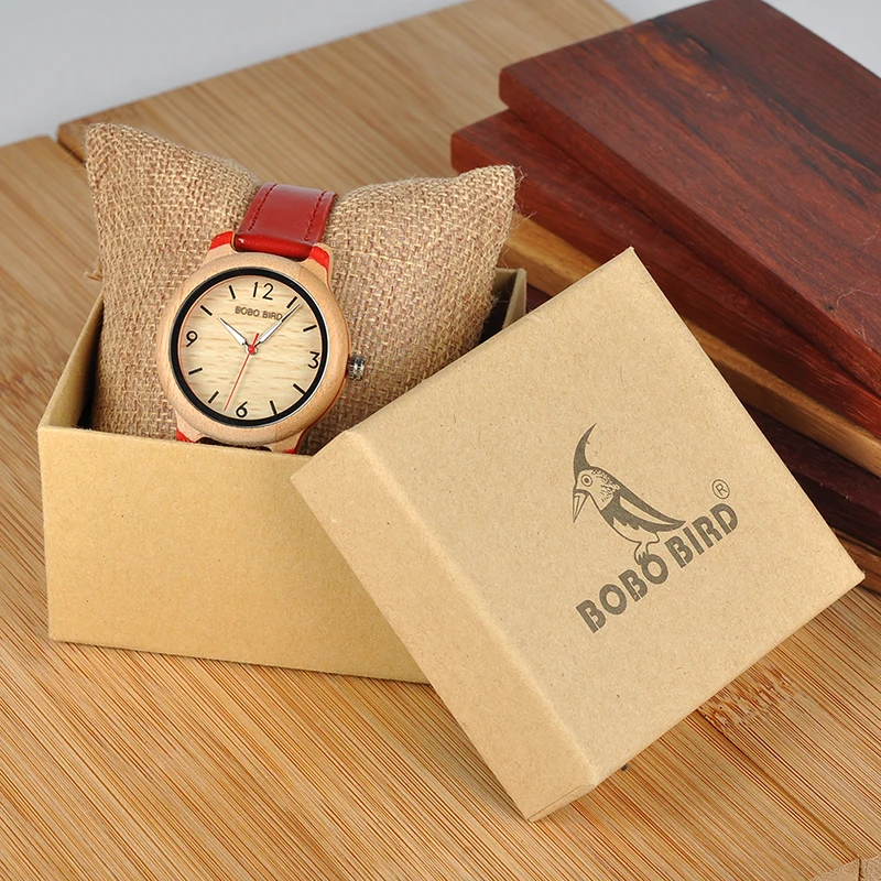 BOBO BIRD Leather Band Watches Bamboo Quartz Wristwatches Timepieces for Men and Women in Gift Box K-aQ22