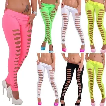 

New Fashion Women Leggings Skinny Slim Stretch High Waist Pencil Pants Sexy Hole Ripped Leggings