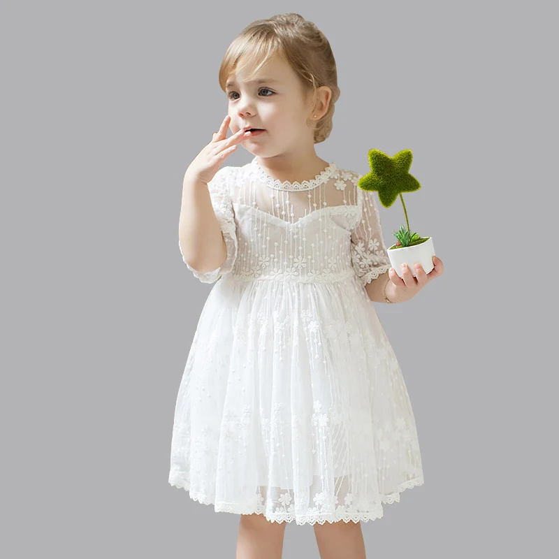 

3 Colors Cute Lace Baby Girls Dresses Spring Summer 2017 New Mini O Neck Kids Girls Dresses Mesh Children Girls Clothes QX12
