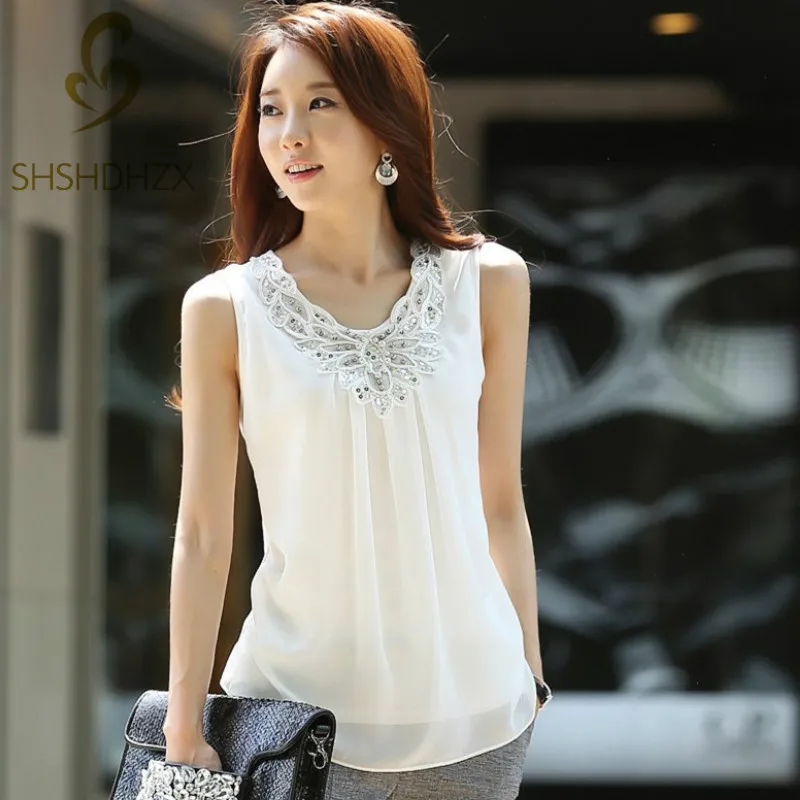 

Korean Fashion Clothing New Women Chiffon Blouse Fold Sleeveless White Shirt Office Blouse For Work Plus Size S-6XL