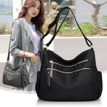 

New Women Casual Multi-layer Waterproof Shoulder Bags Female High Quality Nylon Cloth Handbags Solid Color Zipper Messenger Bag