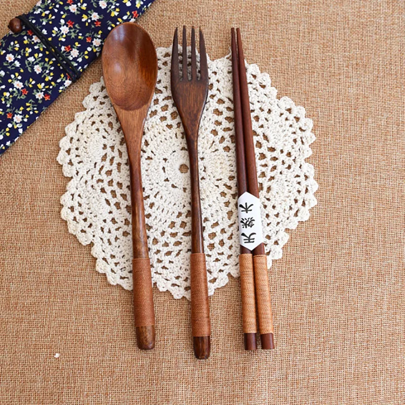 Wood Portable Tableware Wooden Cutlery Sets Travel Dinnerware Suit Environmental Cloth Pack Gift