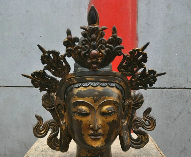 

Free Shipping 20" China Buddhism Bronze Green Tara Buddha head Sculpture Statue