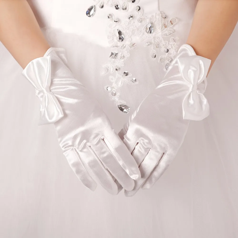 White Short Satin Bridal Gloves With Bow Detail Cheap Wedding Gloves