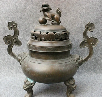 

wholesale factory 16" Marked Tibet Purple Bronze Dynasty Temple Lion Statue Incense Burner Censer 25% off