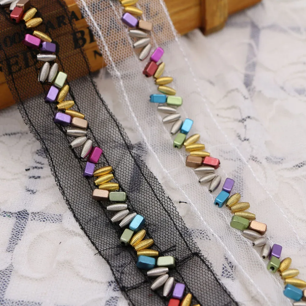 12Yards Handmade Colorful Beads Lace White Black Mesh Beaded Ribbon