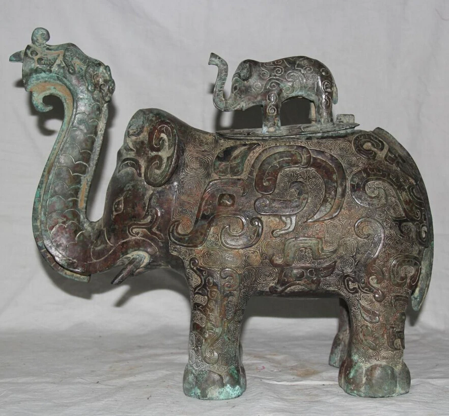 

song voge gem S1891 16 Archaic Chinese Dynasty Bronze Palace Nobleman Using 2 Elephant Zun Statue