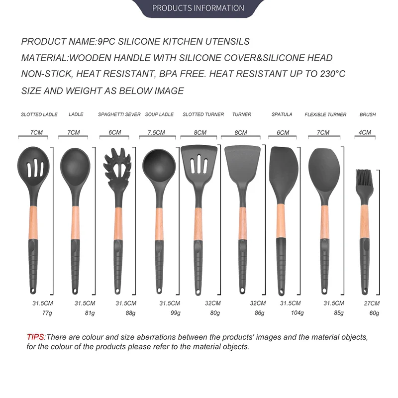Кухонная утварь набор инструментов деревянная ручка, силикон шпатель Тернер щелевая ложка половник ложка шпатель щетка для выпечки инструмент