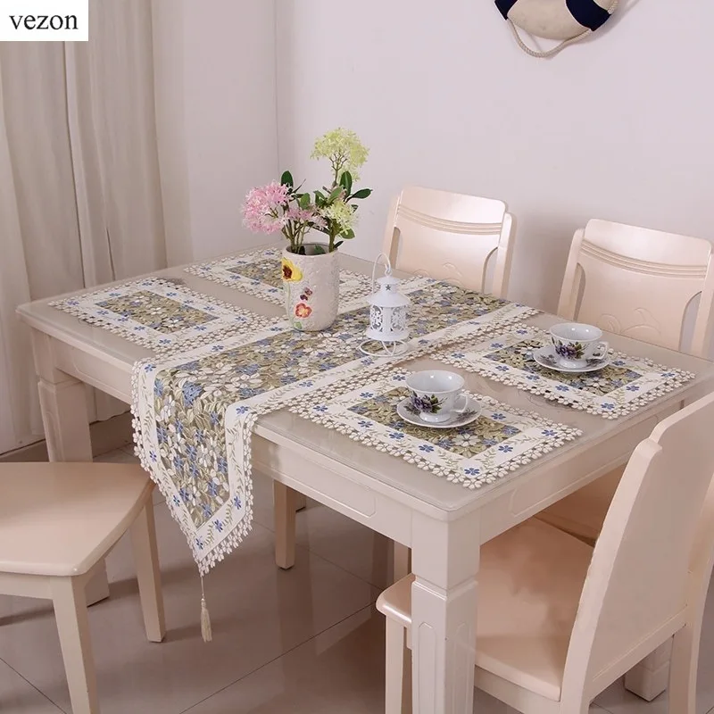 

vezon New Elegant Floral Full Embroidery Table Runner Decoration Flag Runners Dining Room Cutwork Embroidered Cloth Placemat