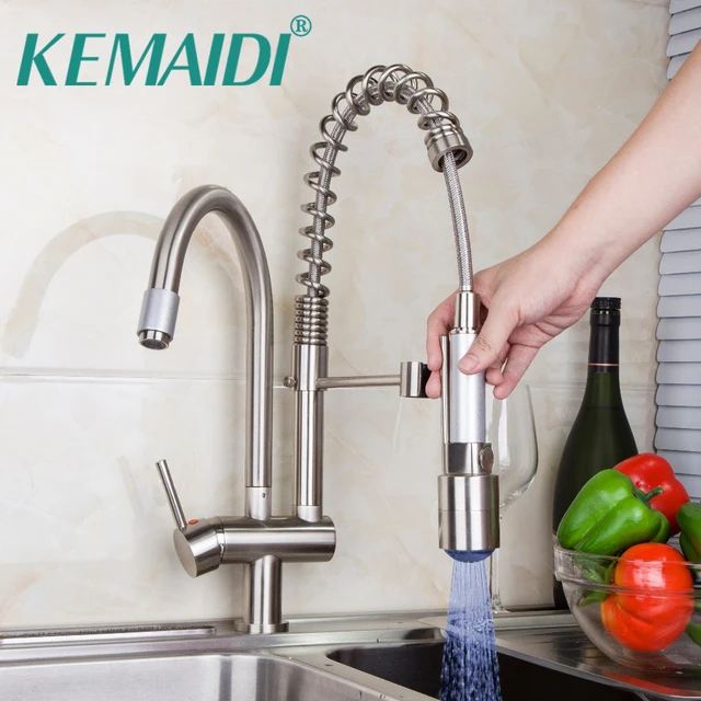 Cheap KEMAIDI Classic  Kitchen Faucet Pull Out Spray Tap And Swivel Brushed Nickel Finished LED With 3 Color Deck Mounted Mixer