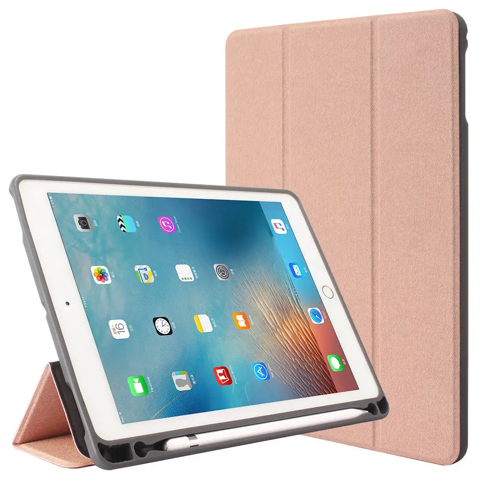 Для iPad Pro 9,7 A1673 A1674 A1675 Tablet Tri-fold Стенд PU Denim кожаный Smart Cover мягкий чехол TPU строить-в Apple Pencil держатель