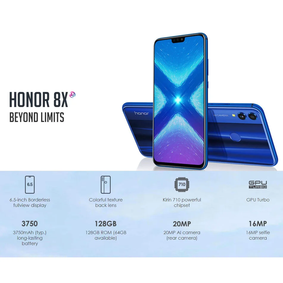 6,5 дюймовый мобильный телефон Honor 8X6 GB 128 GB, Восьмиядерный, камера 20 МП, восьмиядерный смартфон 3750mAh 4G LTE