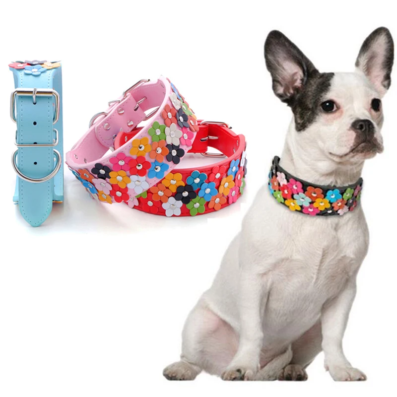 Cute Fashion Pet Dog Collars PU Leather Flowers Studded Pet Collars for