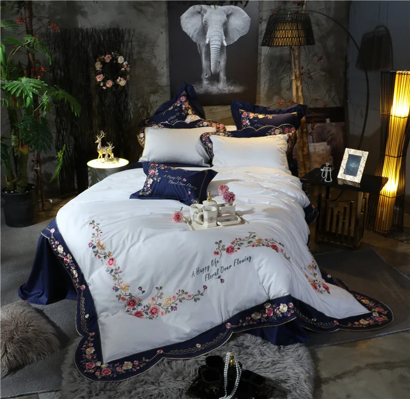 High-end Luxury Pastoral Flowers Embroidery 100S/800TC Blue 4/7pcs Egyptian cotton Bedding Set Duvet Cover Bed sheet Pillowcase | Дом и сад