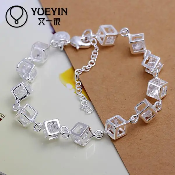 Silver Plated Bracelet For Women Men Lovers Unisex Jewelry Hand Chain Ornaments Cube Inlaid Zircon