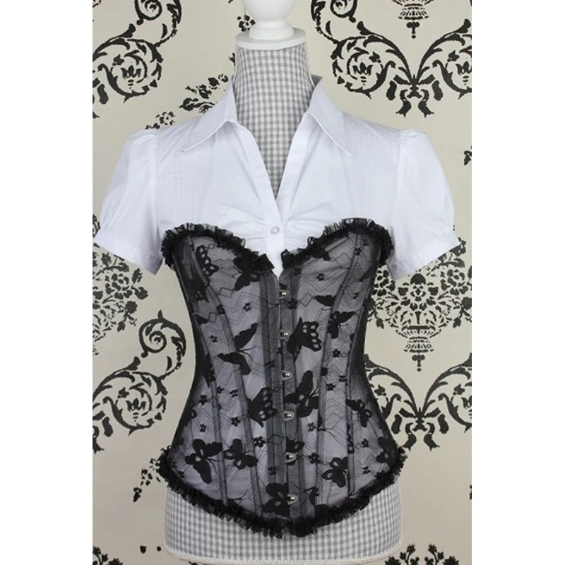 Women's Steampunk Steel Boned Corset Sexy Lace Up Sexy Transparent Butterfly Overbust Gotico Wedding Black Corset Underbust (2)