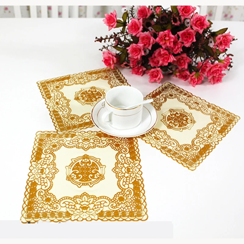 4pc square doilies gold placemat for table 20cm Classic Style Flower Plastic Coaster Elegant