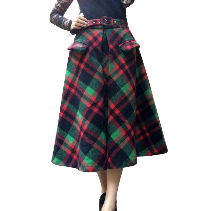 2016 Winter Vintage Wool Blend font b Tartan b font Plaid Flare Long Skirt Blue Green