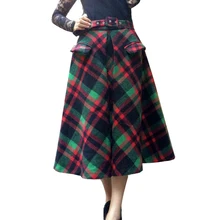 2016 Winter Vintage Wool Blend Tartan Plaid Flare Long Skirt Blue/Green Check Pocket England Tone Belt Calf-length Skirts
