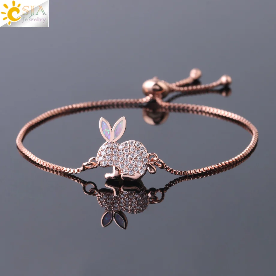 

CSJA Lovely Rabbit Charm Bracelet Fire Opal Zircon Thin Link Rose Gold Color Wrist Chain for Women Girl Luxury Chic Jewelry G074
